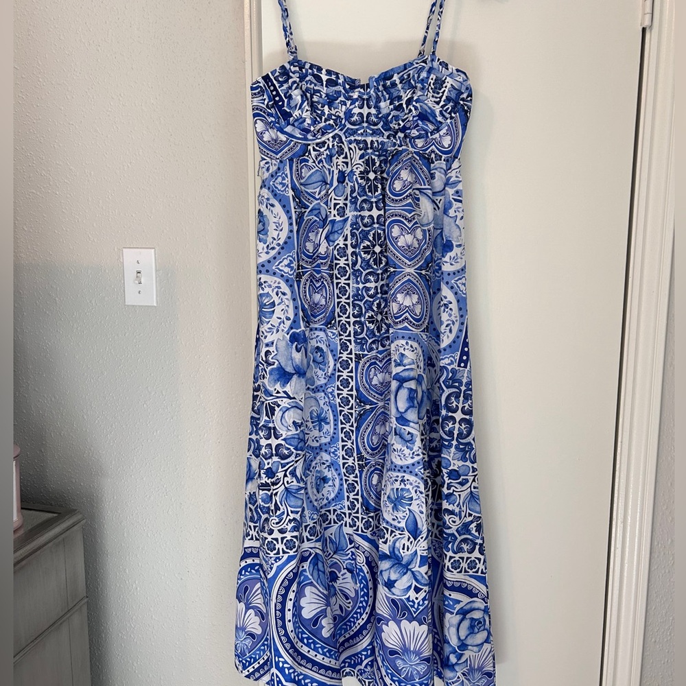Caroline Constas Maxi Dress Blue Tile Print Size Small 100% Cotton Designer NWT - Picture 13 of 13